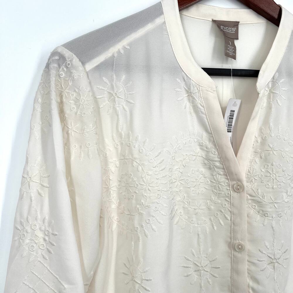 NEW NWT Chicos Embroidered White Long Sleeve Blouse Shirt Top Slightly Sheer - Picture 5 of 11